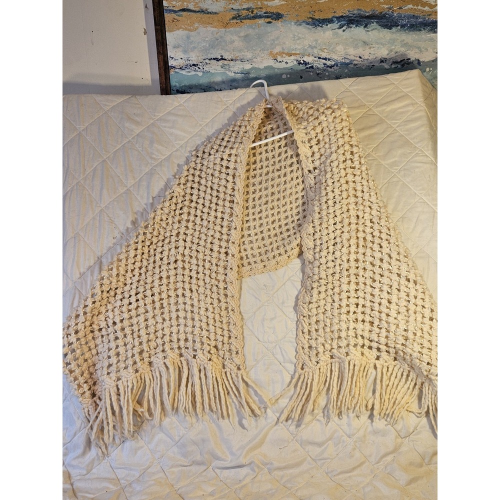 Vintage Hand Made Scarf Women's Cream Fringed Edge Grannycore Cottagecore Boho
